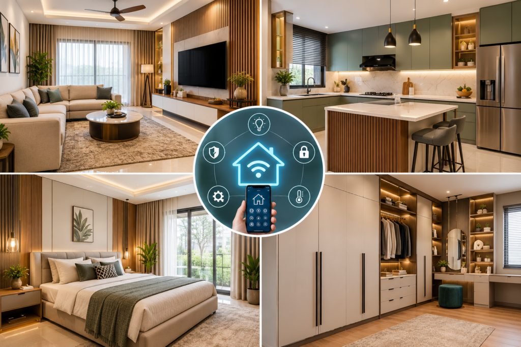 Smart Home Interior Design Solutions featuring a modern living room, modular kitchen, customized wardrobes and contemporary bedroom interiors.