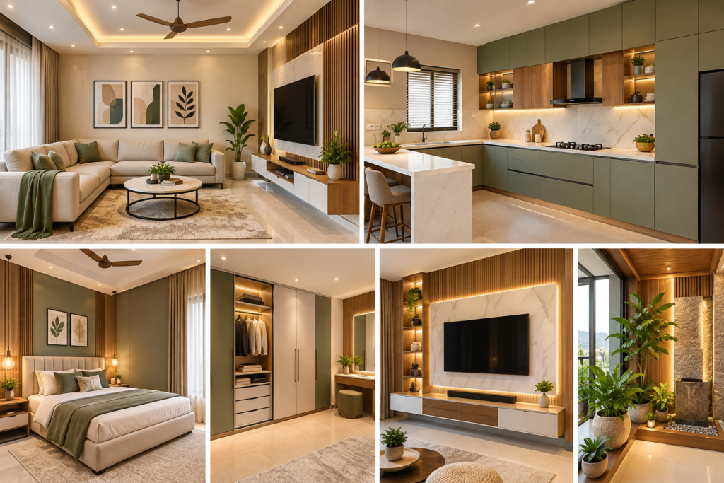Customized Home Interiors Hyderabad featuring an elegant living room, modern modular kitchen, custom wardrobes and contemporary interior finishes.