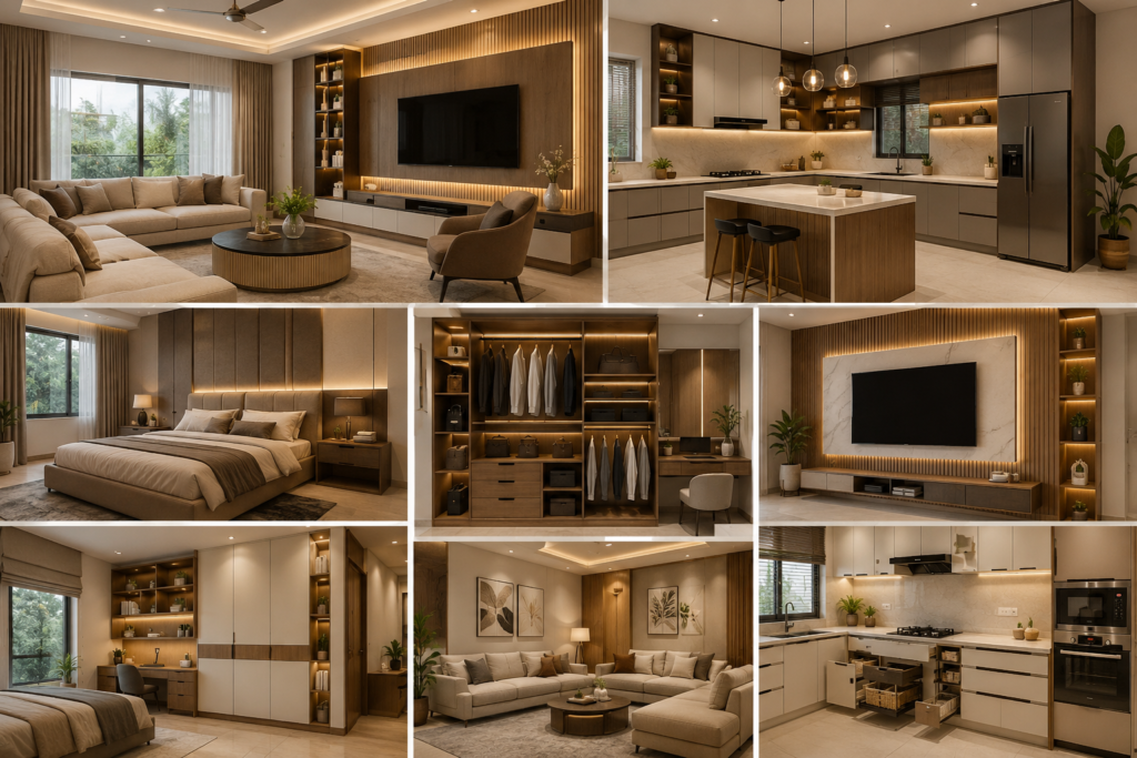 Elegant home interior design ideas featuring a modern living room, modular kitchen, customized wardrobes and warm contemporary finishes.