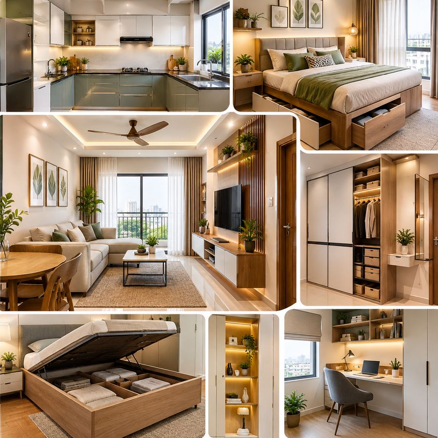 Small Space Interior Design Hyderabad featuring a compact modern living room, space-saving furniture, modular kitchen, built-in wardrobes and smart storage solutions.